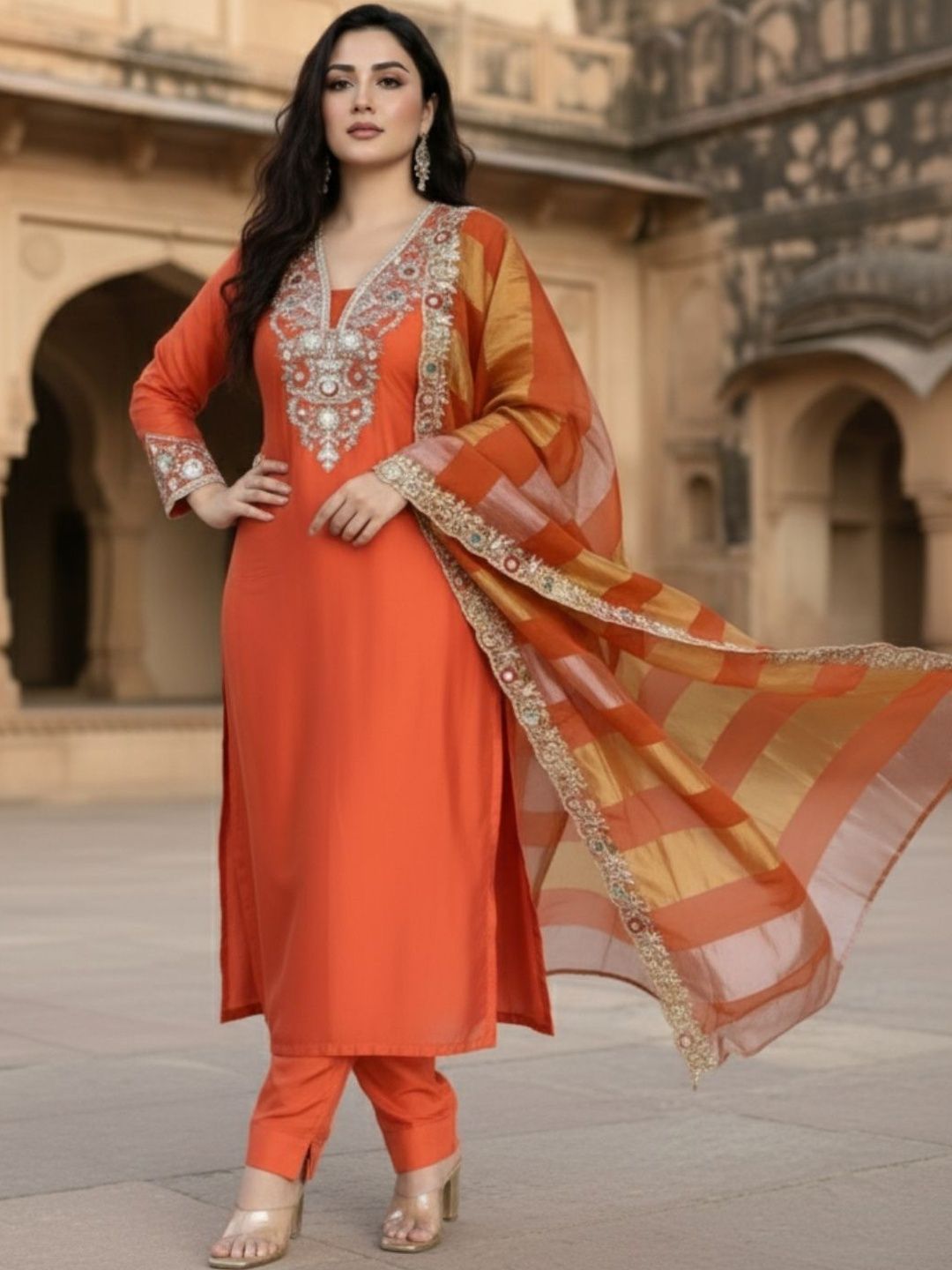 Dhiyona KL Women Ethnic Motifs Embroidered Regular Thread Work Kurta with Trousers & With Dupatta