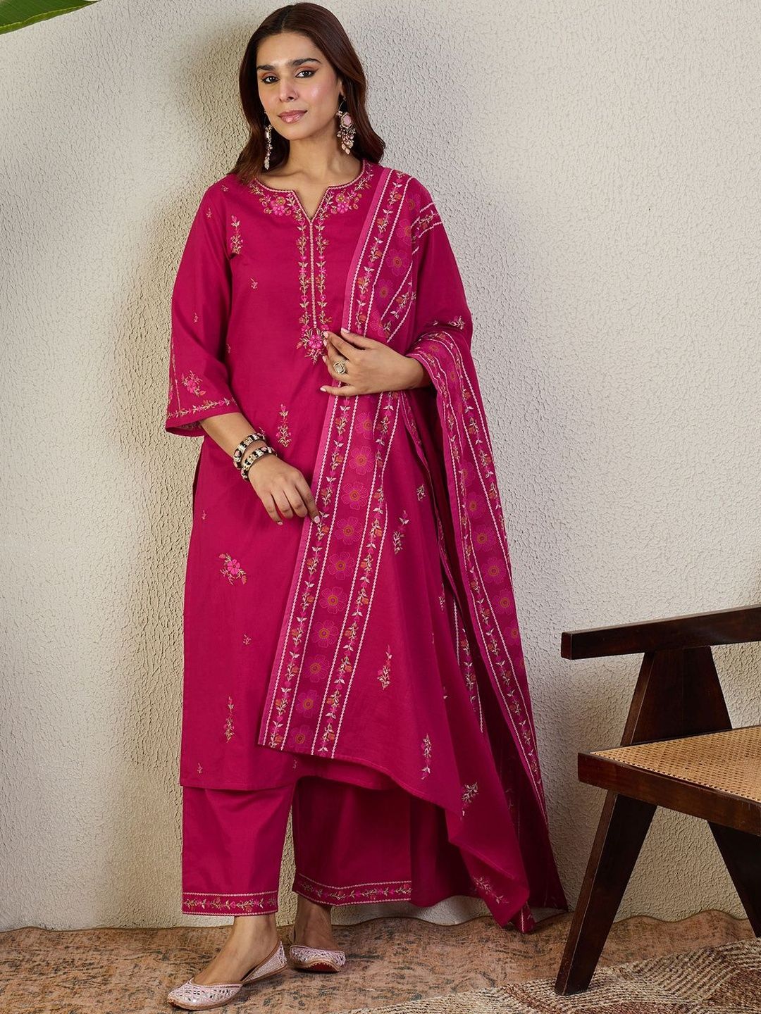Dhiyona IE Ethnic Motifs Embroidered Thread Work Pure Cotton Kurta with Trouser & Dupatta
