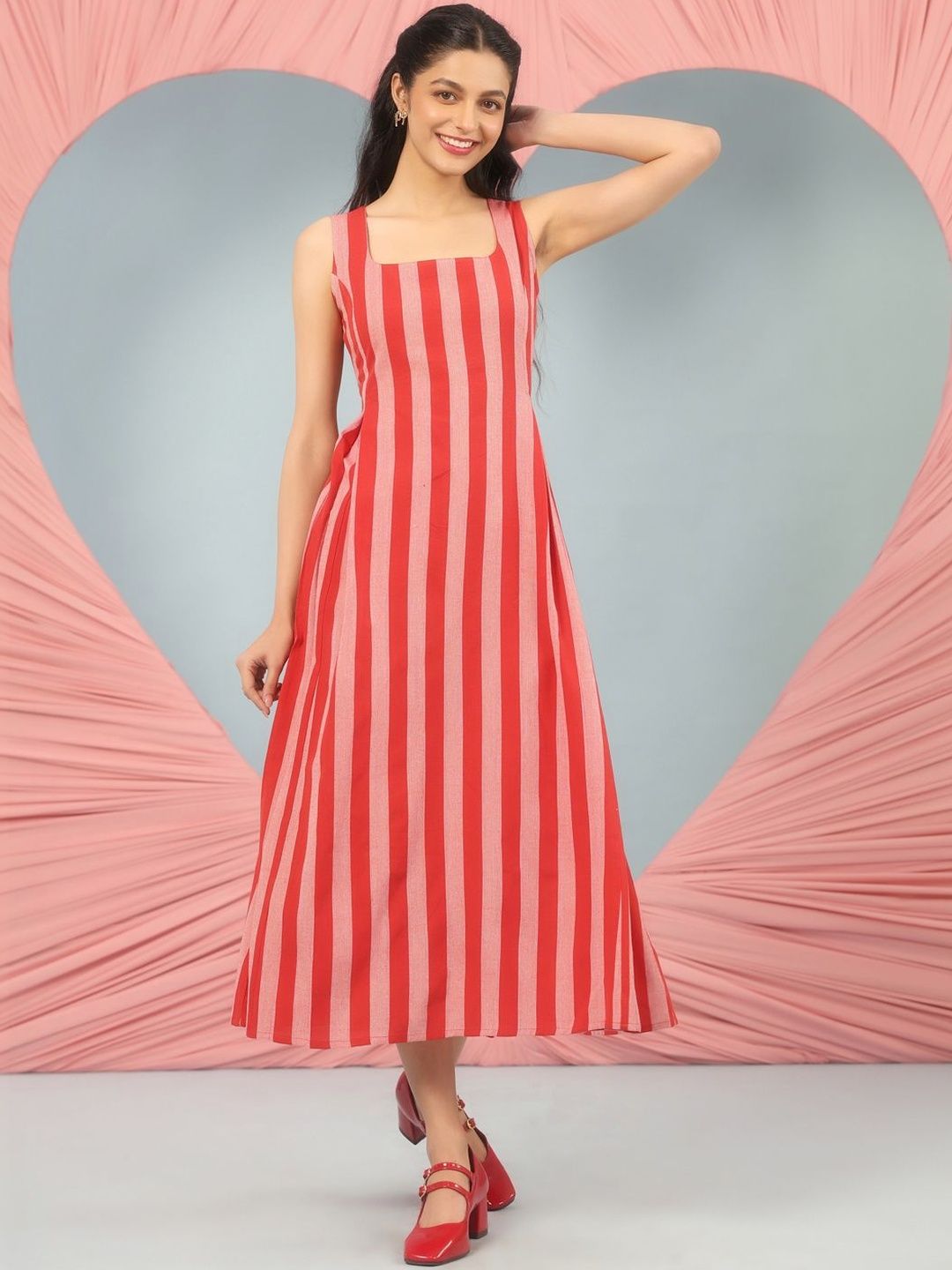 Dhiyona AY Women's Striped Cotton A-Line Midi Ethnic Dresses