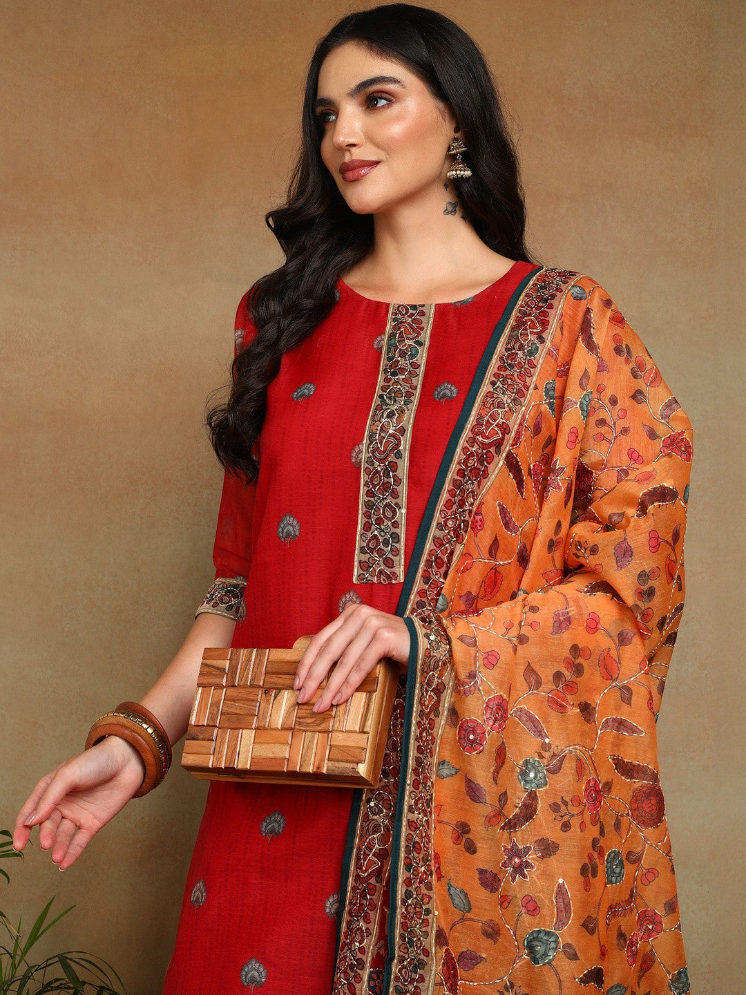 Women Ethnic Motifs Printed Regular Thread Work Chanderi Cotton Kurta with Trousers & With Dupatta