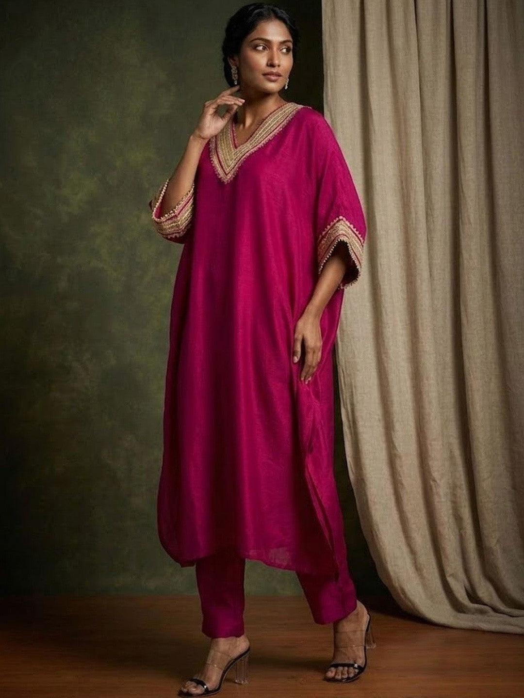 Embroidered V-Neck Kurta & Trousers