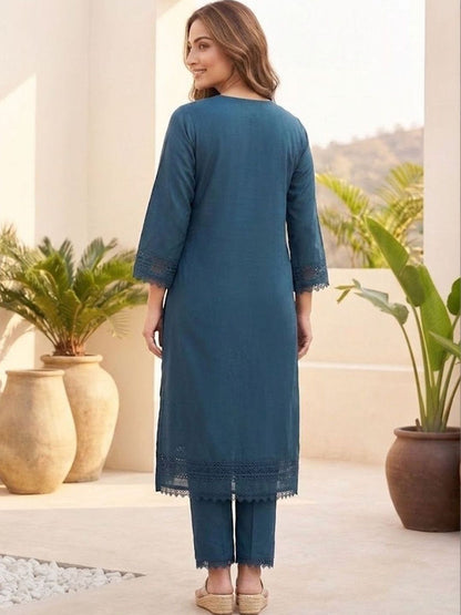 Teal Women Floral Embroidered Regular Thread Work Pure Cotton Kurta with Trousers & With Dupatta
