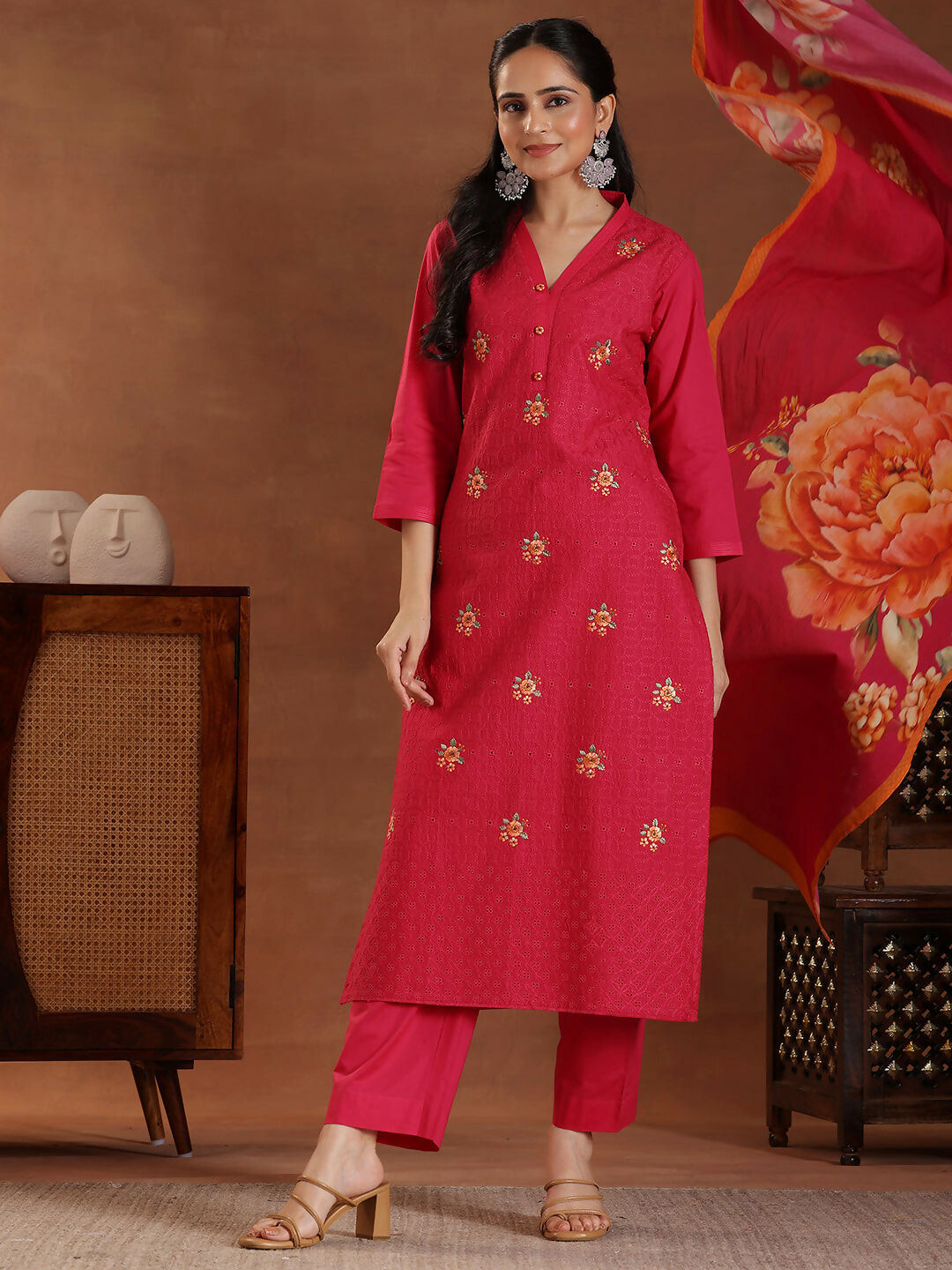 Women's LB Pink Embroidered Cotton Straight Suit With Dupatta