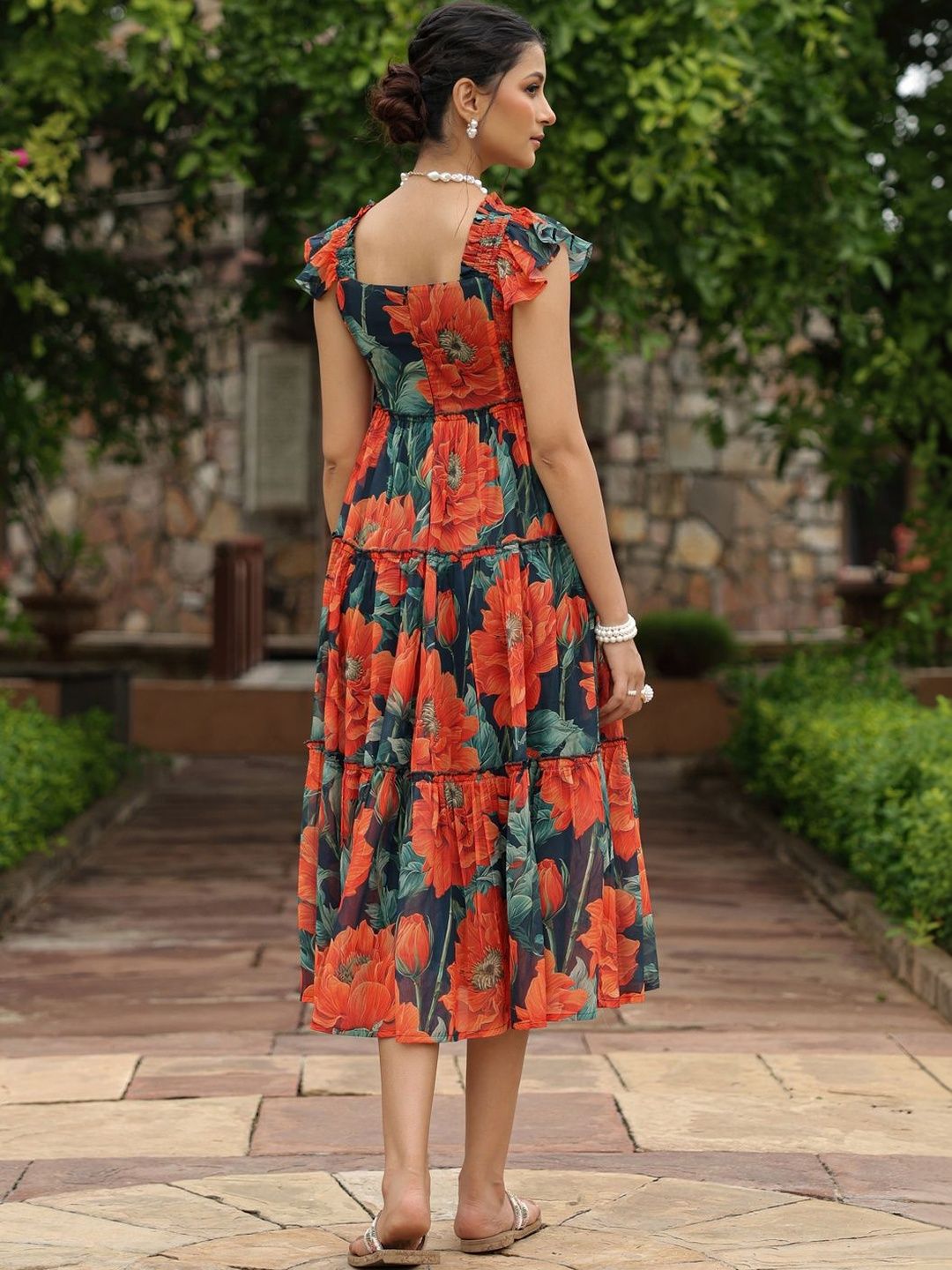 Dhiyona AY Women's Floral Print Flutter Sleeve Fit & Flare Midi Dress