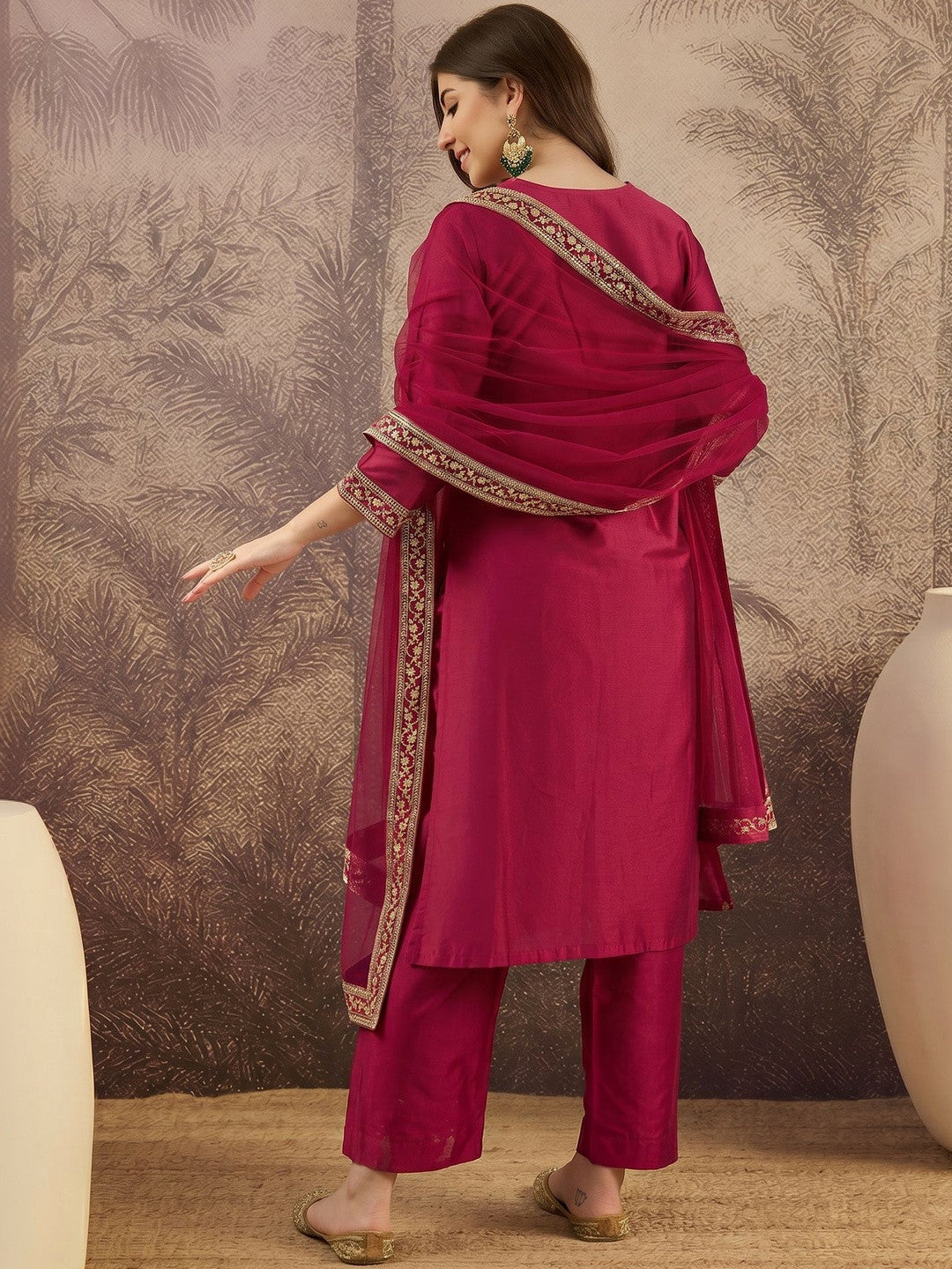Embroidered Round Neck Kurta & Trousers With Dupatta Set