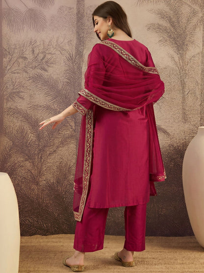 Embroidered Round Neck Kurta & Trousers With Dupatta Set