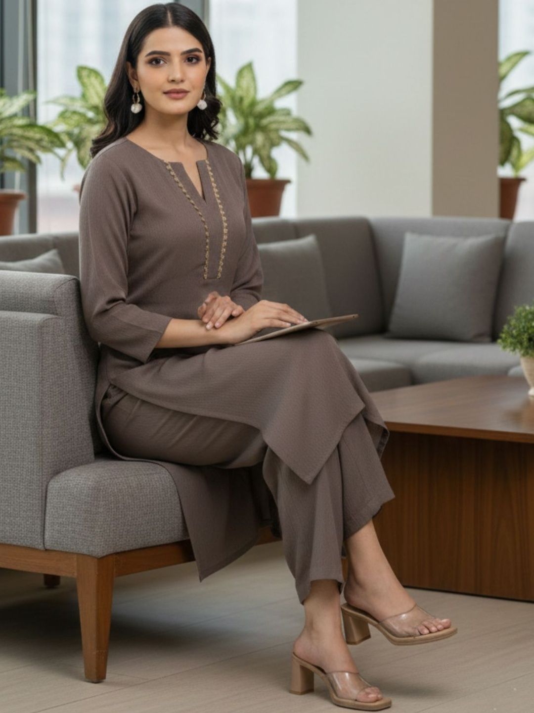 Brown Women Regular Thread Work Silk Crepe Kurta with Trousers
