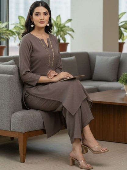 Brown Women Regular Thread Work Silk Crepe Kurta with Trousers