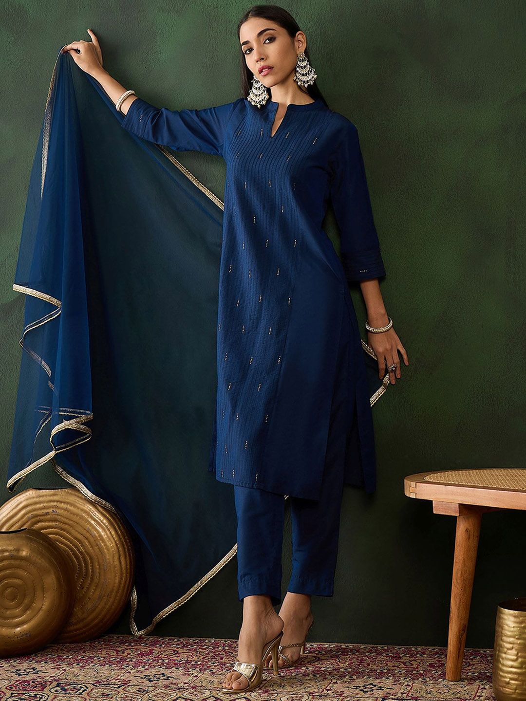 Dhiyona SN Women's Navy Blue Stripped Self Design Pintuck Pure Cotton Kurta & Trouser With Dupatta