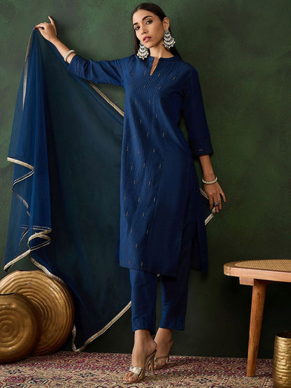 Dhiyona SN Women's Navy Blue Stripped Self Design Pintuck Pure Cotton Kurta & Trouser With Dupatta