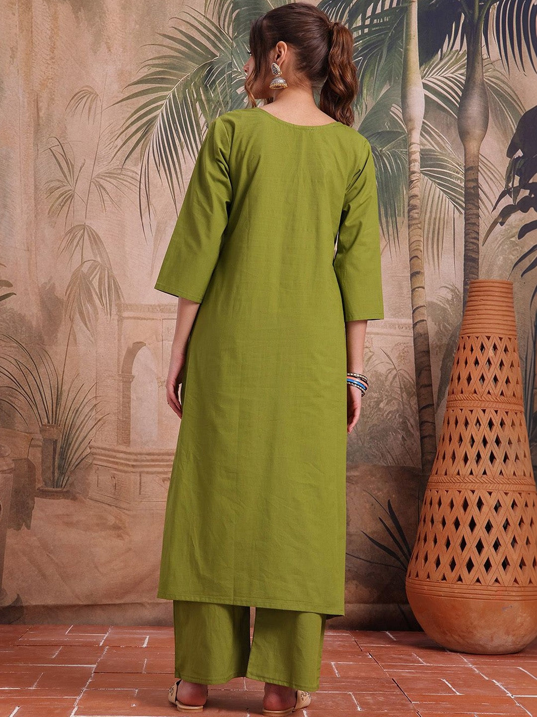 Embroidered Cotton Round Neck Kurta & Trousers