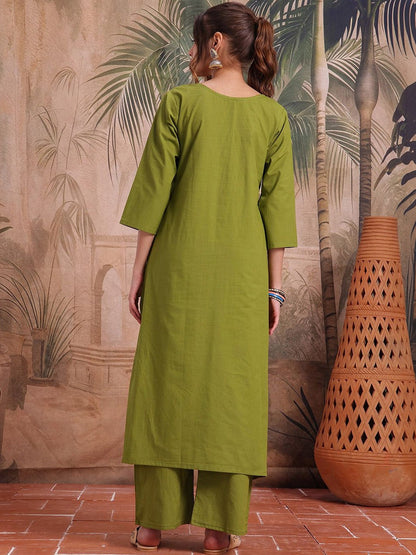 Embroidered Cotton Round Neck Kurta & Trousers