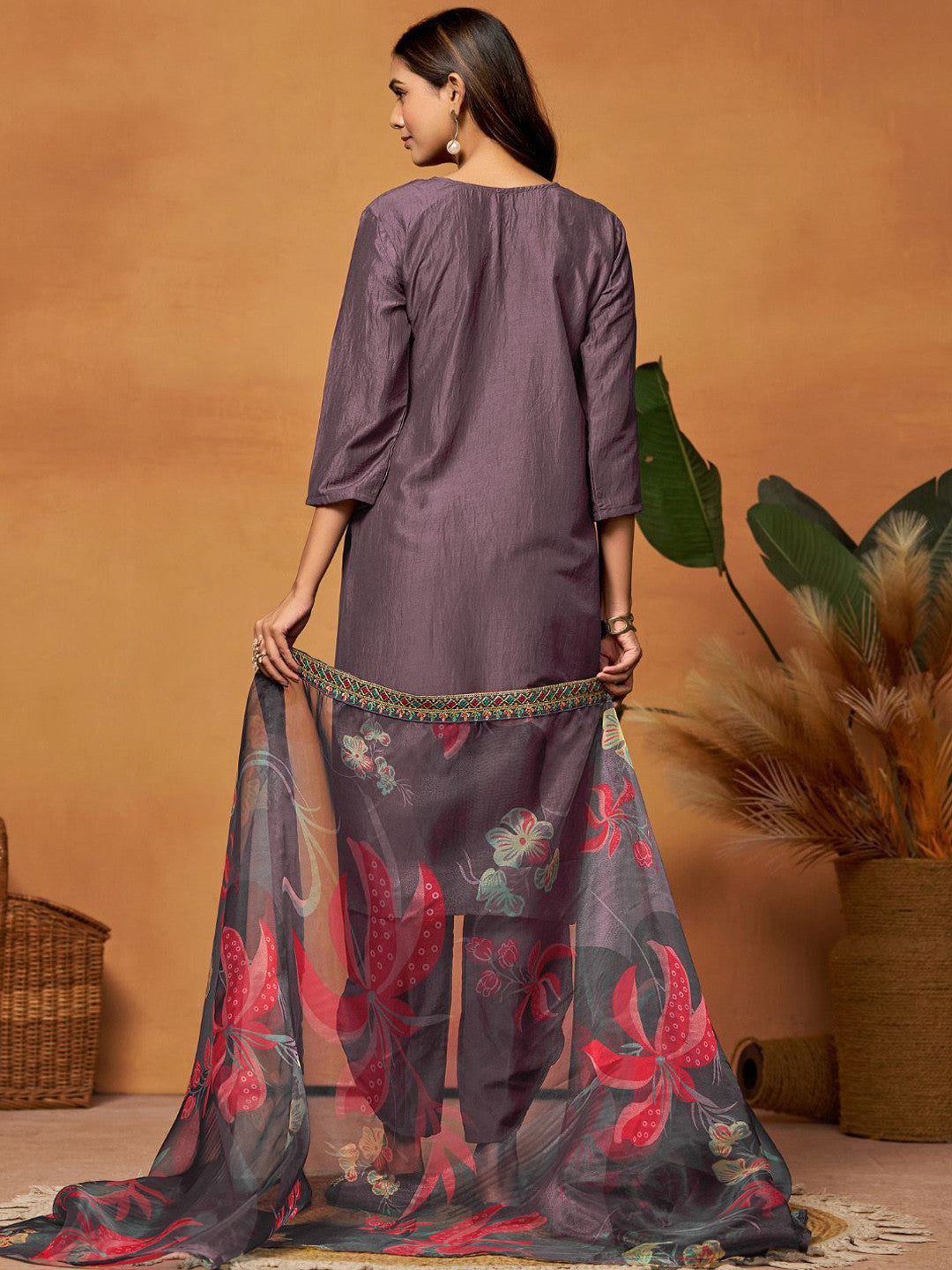 Embroidered Straight Kurta & Sharara With Dupatta
