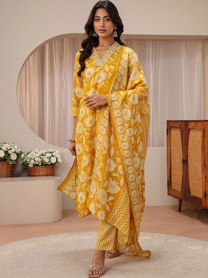 Libas Mustard Floral Printed Straight Suit Set