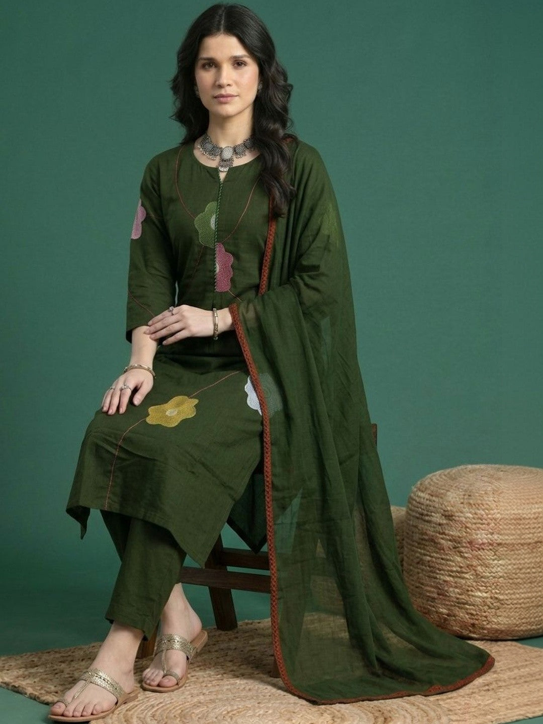 Embroidered Cotton Round Neck Kurta & Trousers With Dupatta