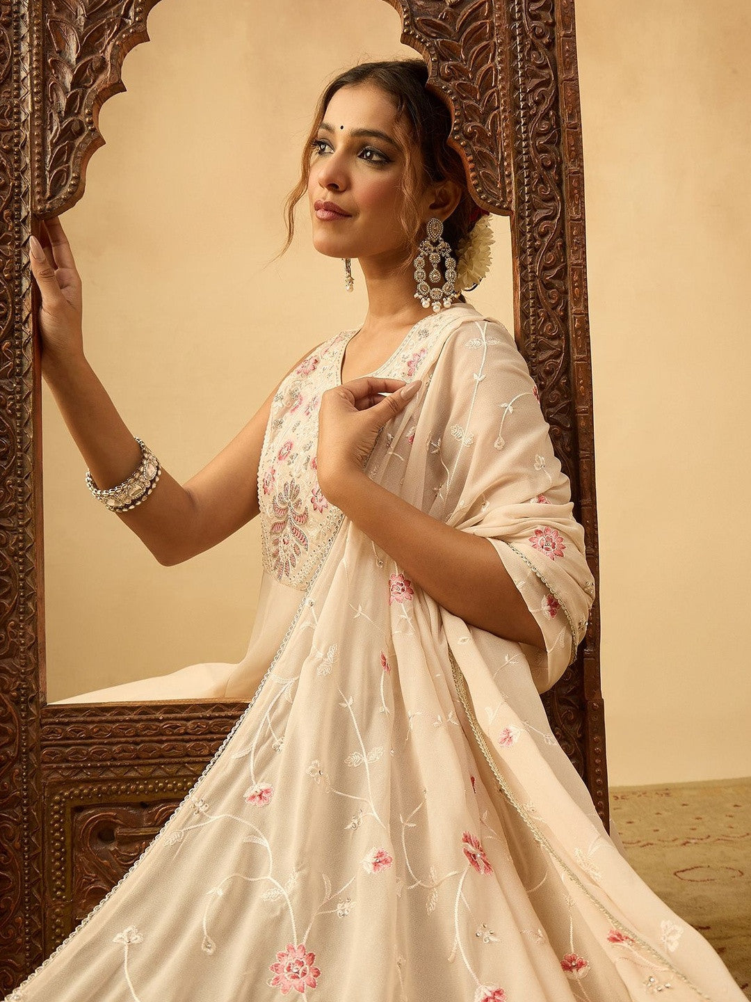 Embroidered Anarkali Kurta With Trouser & Dupatta