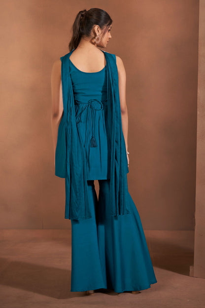Dhiyona AN Floral Embroidered Thread Work Raw Silk Kurta With Sharara And Dupatta