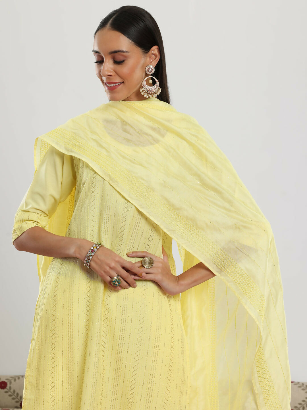 Women's LB Yellow Self Design Silk Blend Straight Suit With Dupatta