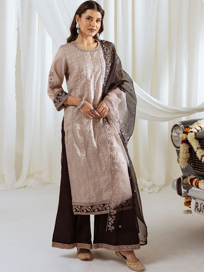 Dhiyona KL Women Embroidered Regular Sequinned Kurta with Palazzos & With Dupatta