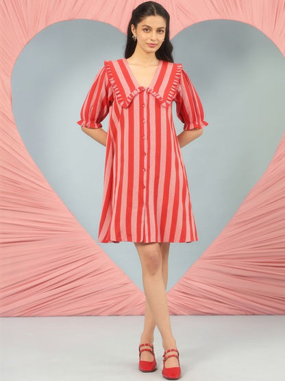 Dhiyona AY Women's Striped Puff Sleeve Ruffled A-Line Dress