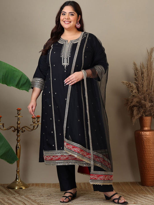 Dhiyona IN Women Plus Size Zari Embroidered Kurta with Trousers & Dupatta
