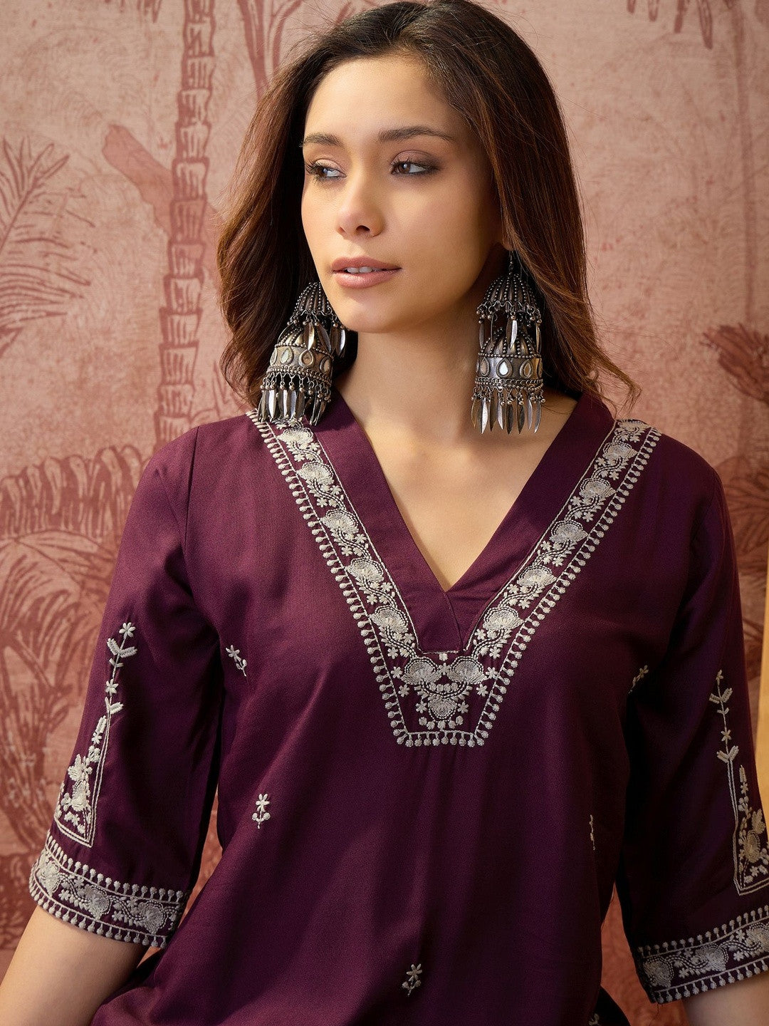 Embroidered V-Neck Kurta Sets