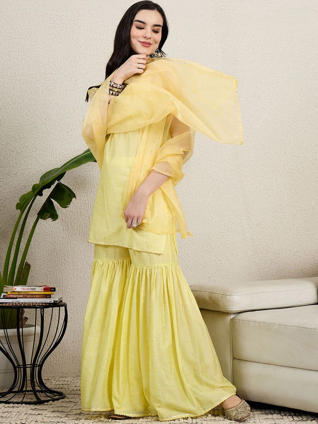 Dhiyona HOP Floral Embroidered Sequinned Straight Kurta With Sharara & Dupatta