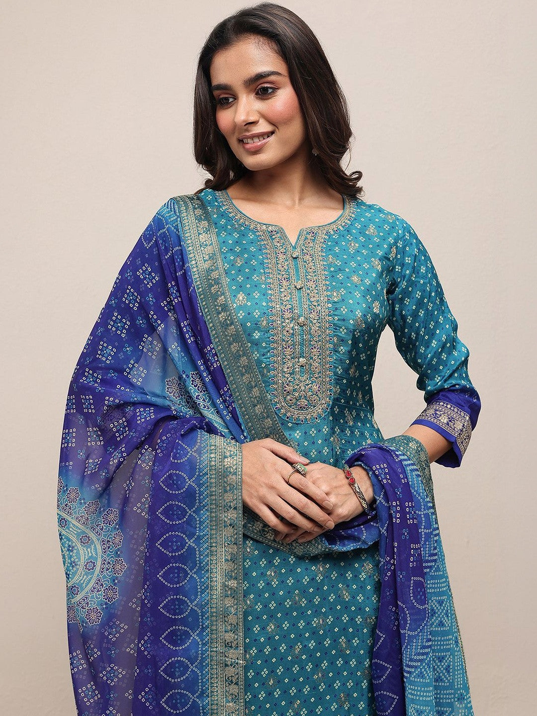 Women Ethnic Motifs Printed Regular Thread Work Kurta with Trousers & With Dupatta