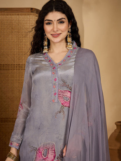 Simmar Floral Printed V-Neck Thread Work Simmar Silk Kurta With Trousers & Dupatta