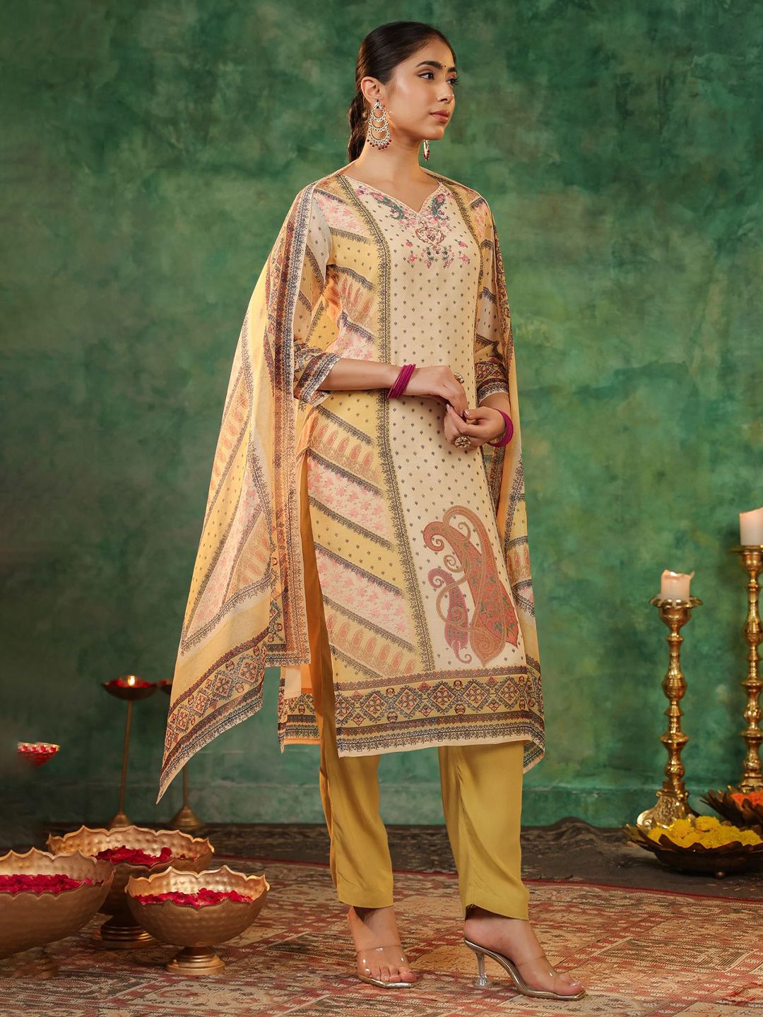 Dhiyona RR Women's Printed Beads and Stones Straight Kurta with Trousers & Dupatta