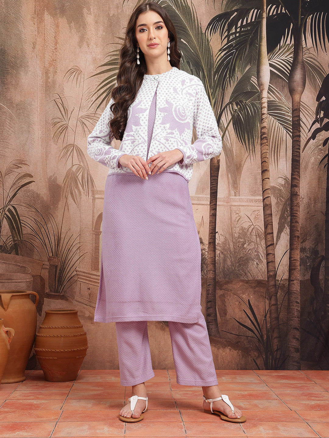Floral Self-Design Straight Winter Kurta with Trousers & Jacket