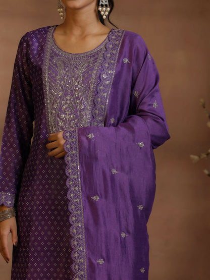 Women's LB Purple Printed Silk Blend Straight Suit With Dupatta