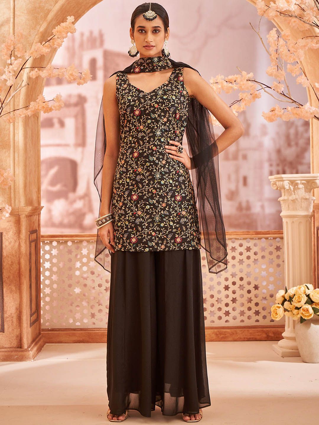 Dhiyona KL Floral Embroidered Sleeveless Georgette Straight Kurti With Sharara & Dupatta