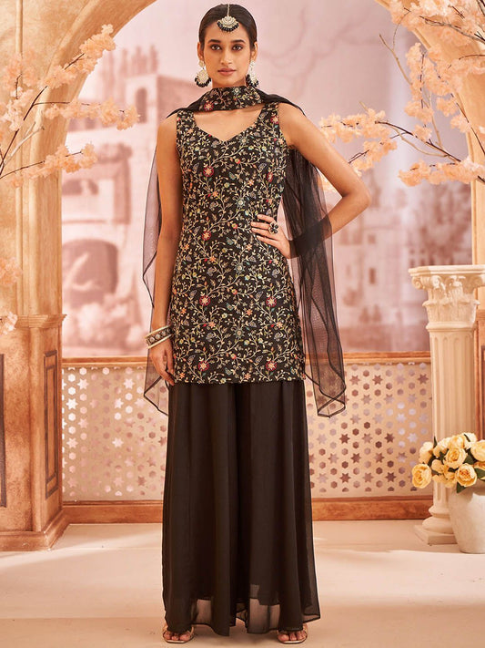 Dhiyona KL Floral Embroidered Sleeveless Georgette Straight Kurti With Sharara & Dupatta