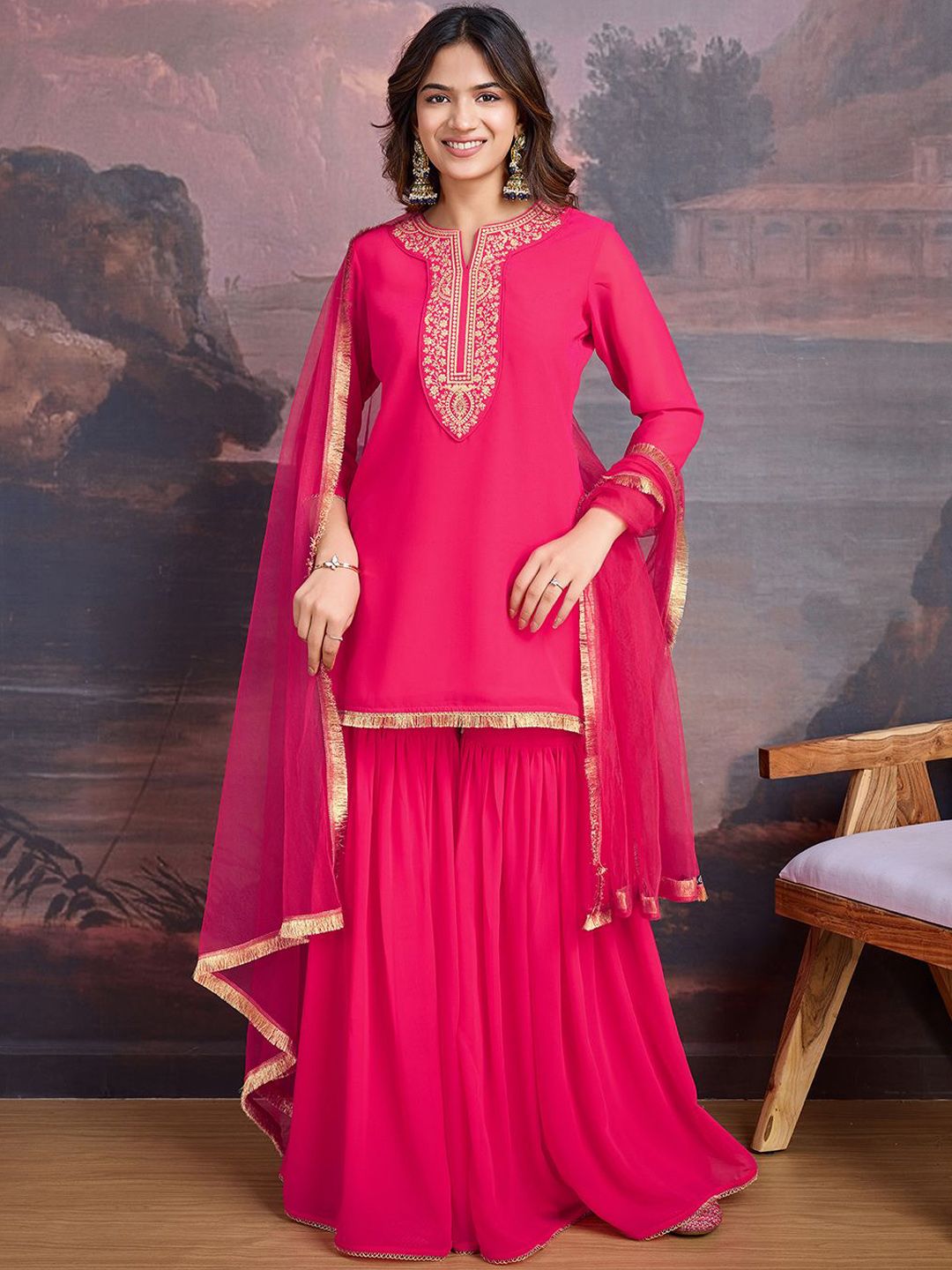 Dhiyona HOP Floral Embroidered Notch Neck Georgette Kurta & Sharara With Dupatta