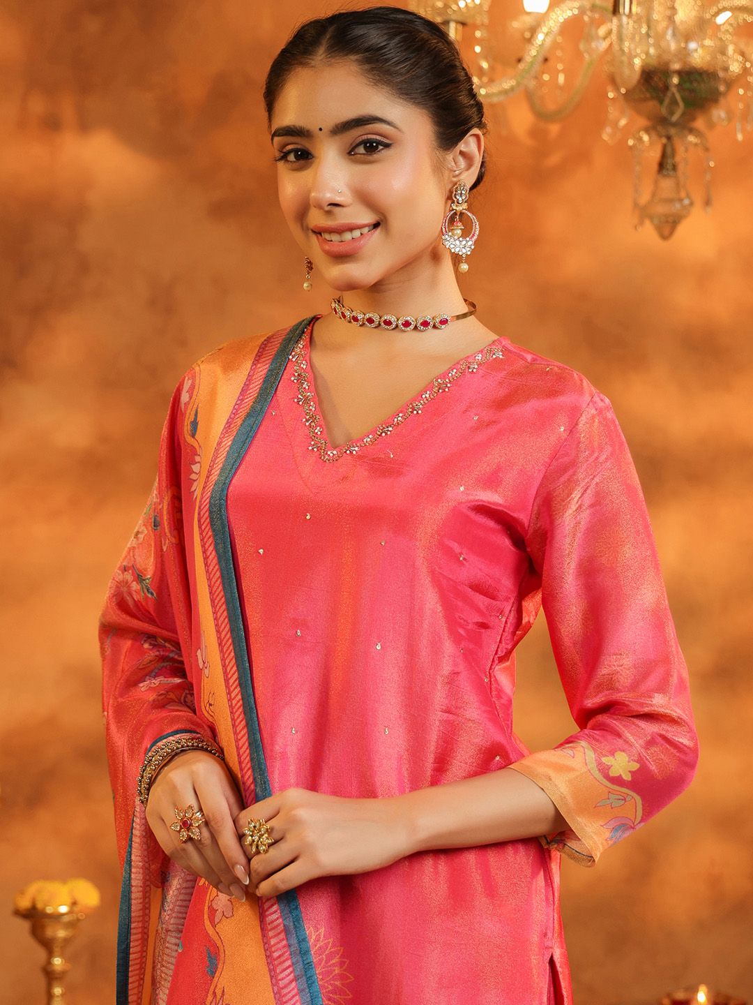 Dhiyona RR Women's Ethnic Motifs Printed Straight Sequinned Kurta with Trousers & With Dupatta