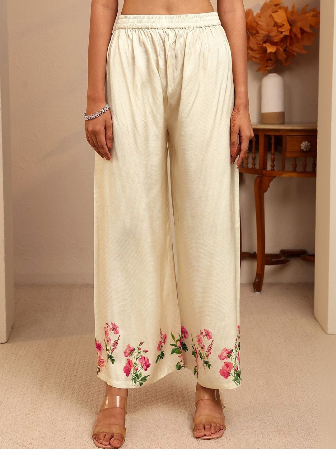 Off White Floral Printed Silk Blend A-line Kurta Set