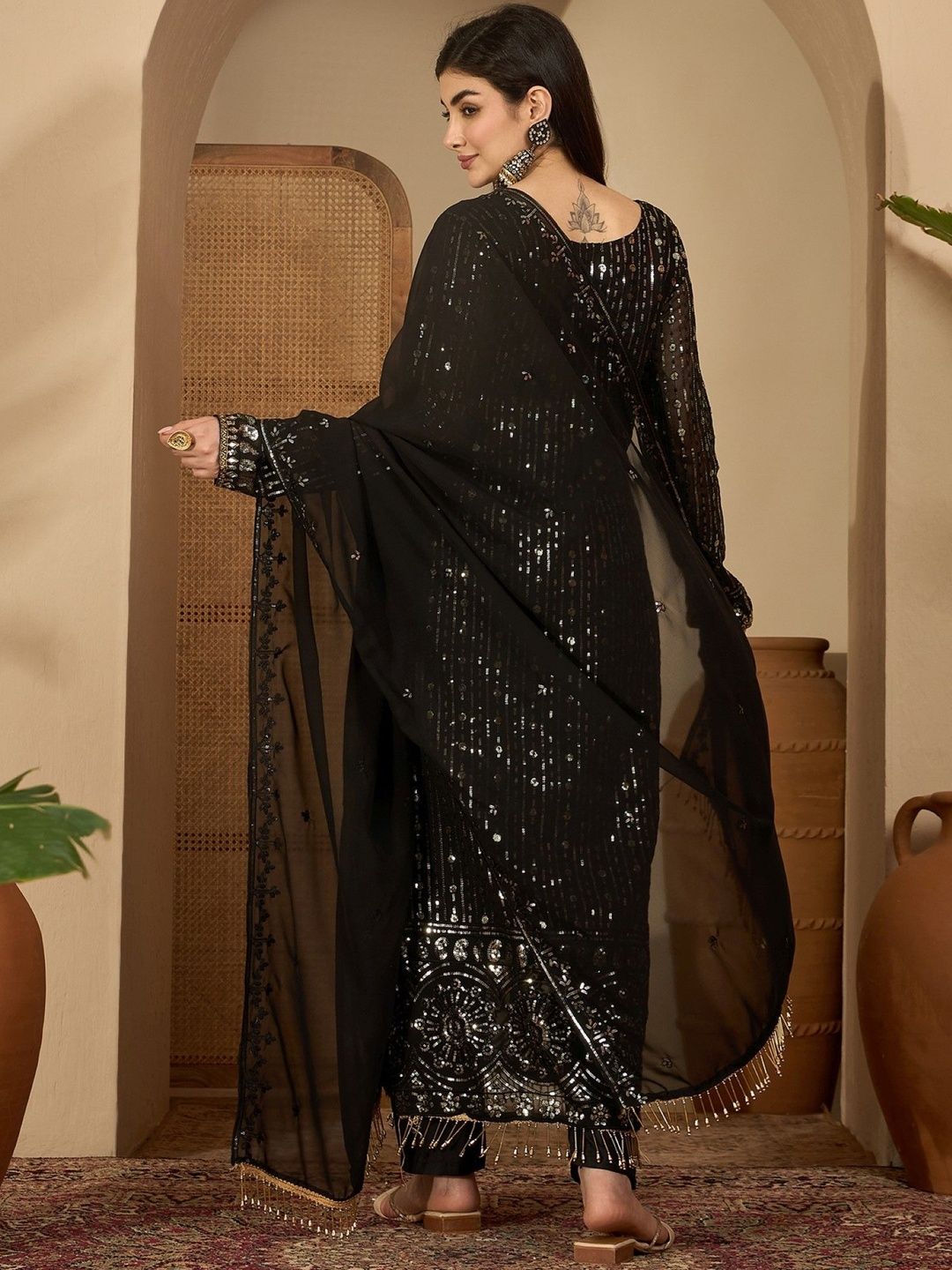 Dhiyona SN Geometric Embroidered Sequinned Straight Kurta With Palazzos & Dupatta