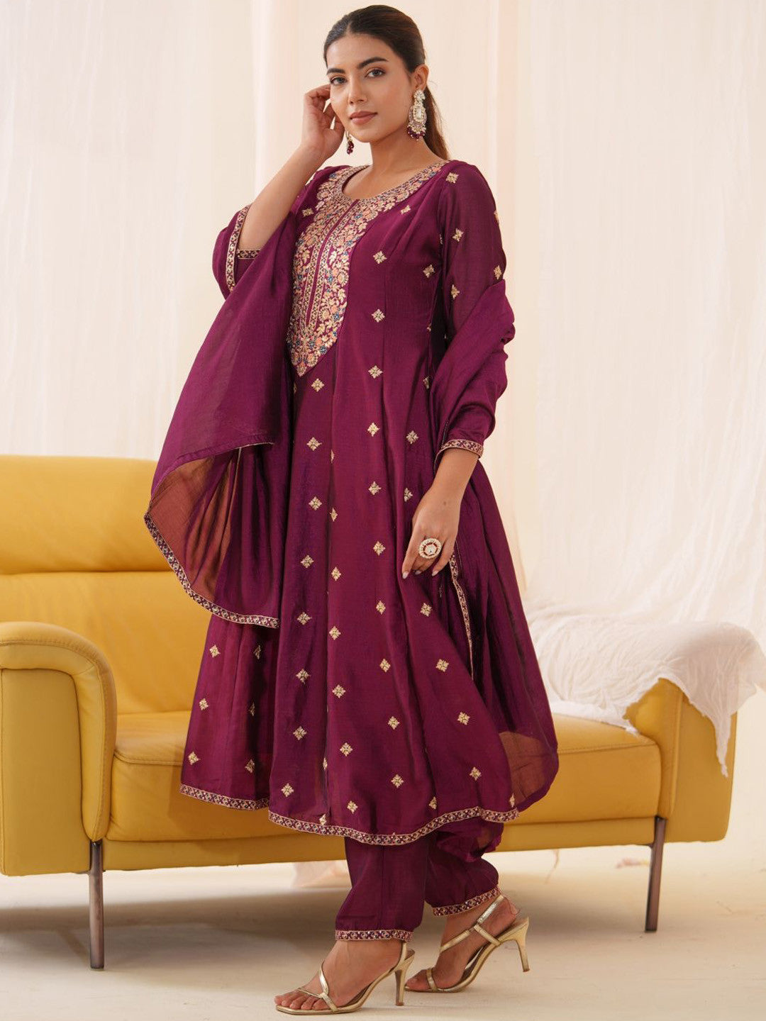 Floral Embroidered Thread Work Anarkali Kurta With Trousers & Dupatta