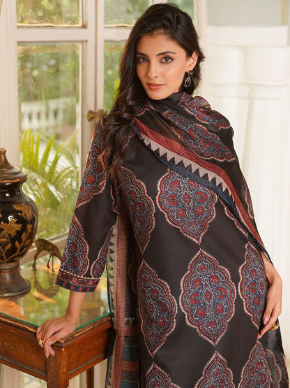Dhiyona KL Ethnic Motifs Printed V-Neck Straight Kurta With Trousers And Dupatta