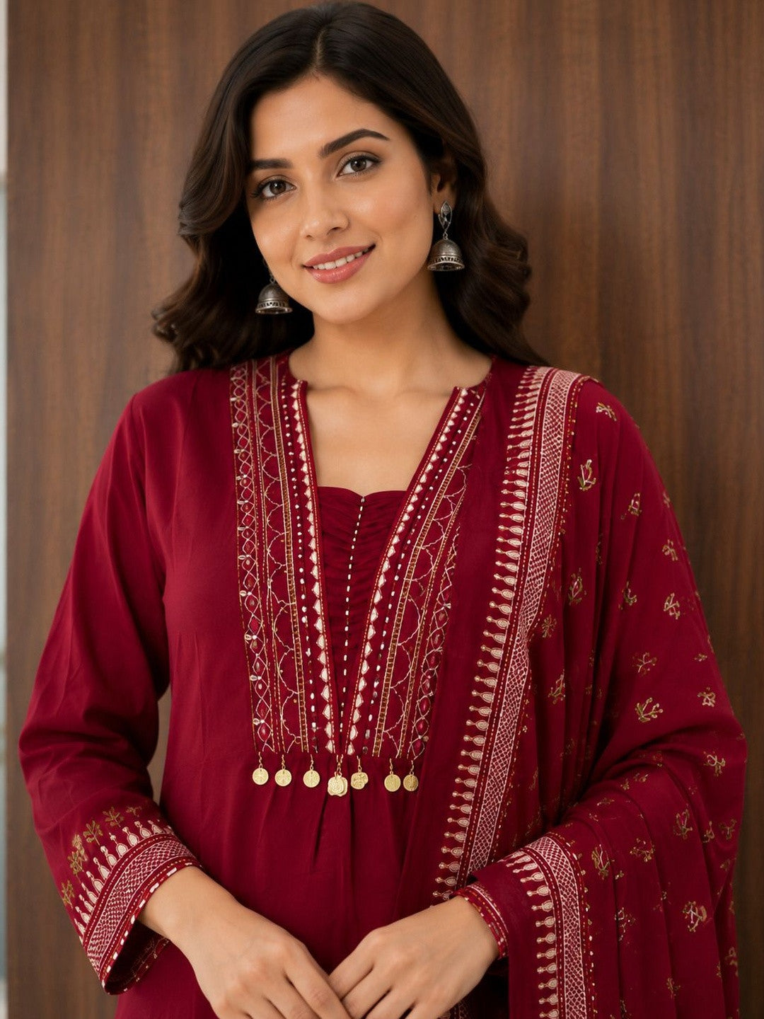 Women Ethnic Motifs Embroidered Regular Thread Work Pure Cotton Kurta with Trousers & With Dupatta