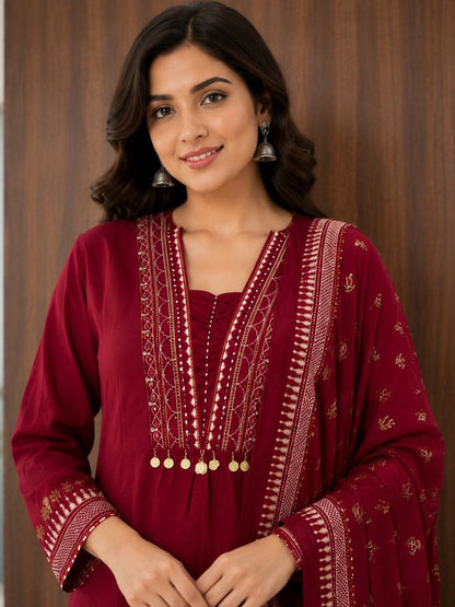 Women Ethnic Motifs Embroidered Regular Thread Work Pure Cotton Kurta with Trousers & With Dupatta