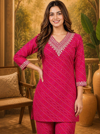 Women Leheriya Dyed Regular Thread Work Chanderi Silk Kurta with Palazzos
