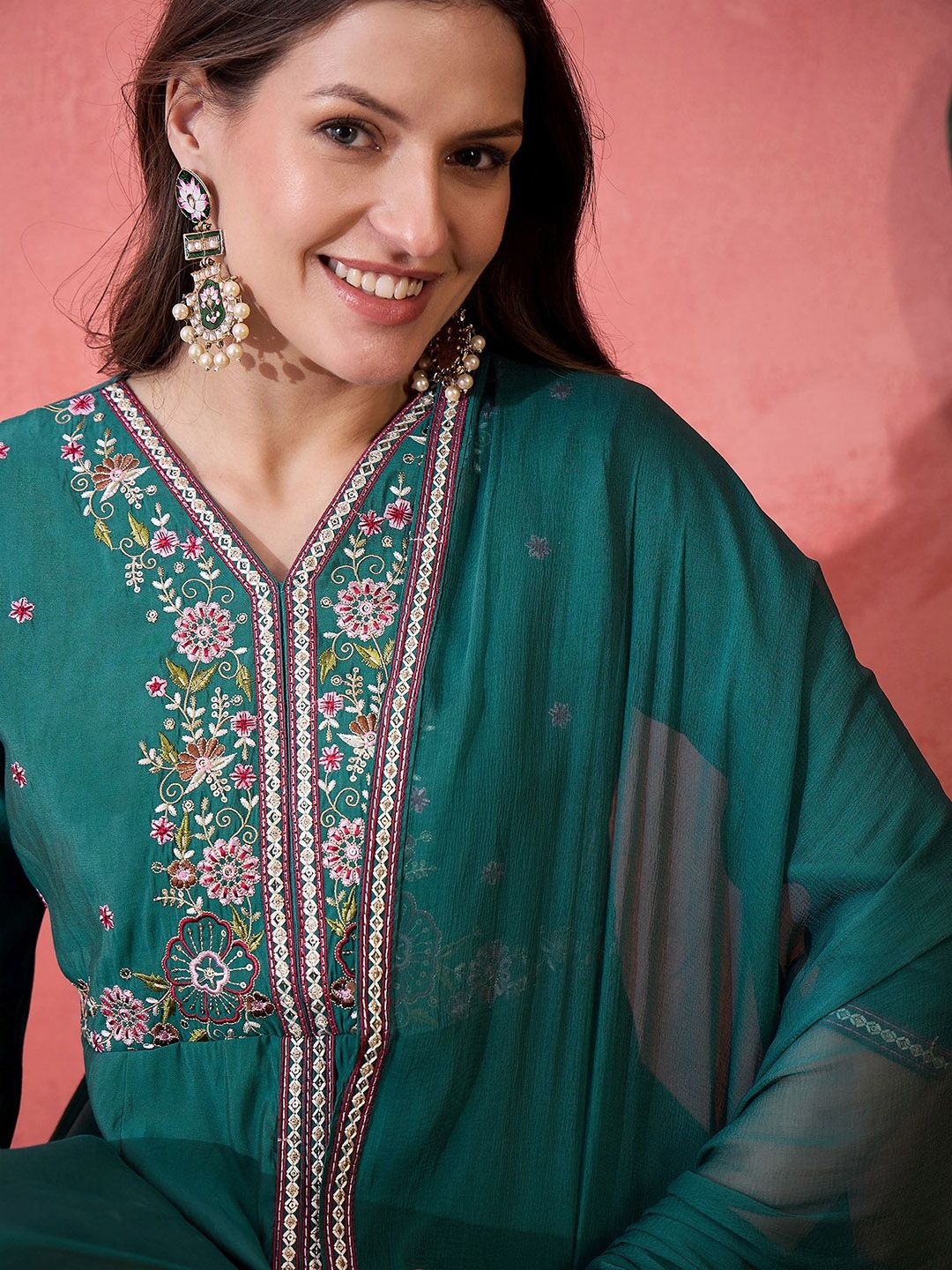 Dhiyona SN Floral Embroidered Silk Anarkali Kurta & Palazzo With Dupatta