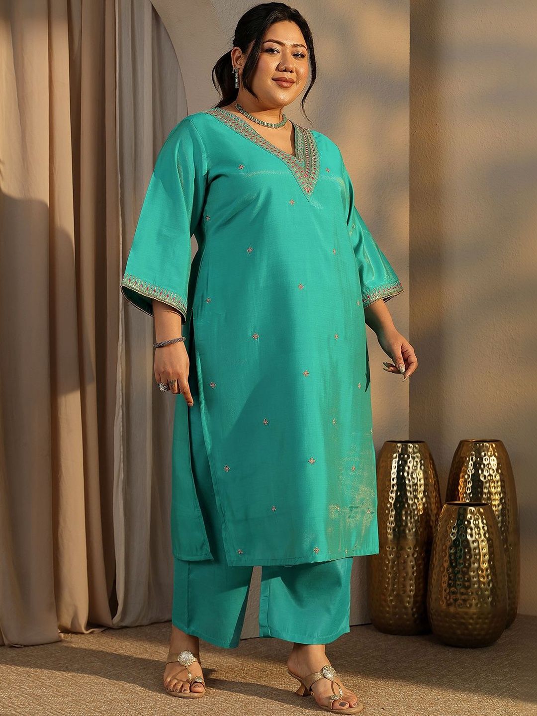 Dhiyona Women's Plus Size Ethnic Motifs Embroidered Kurta with Trouser & Dupatta