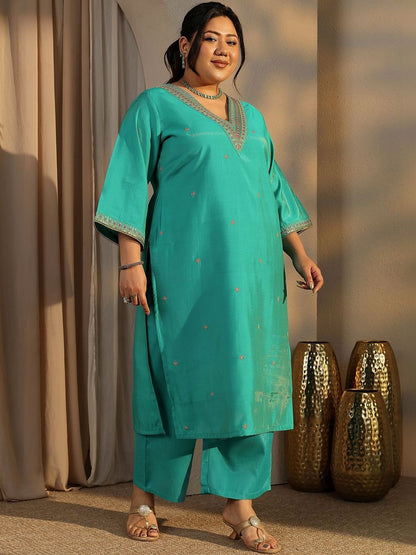 Dhiyona Women's Plus Size Ethnic Motifs Embroidered Kurta with Trouser & Dupatta