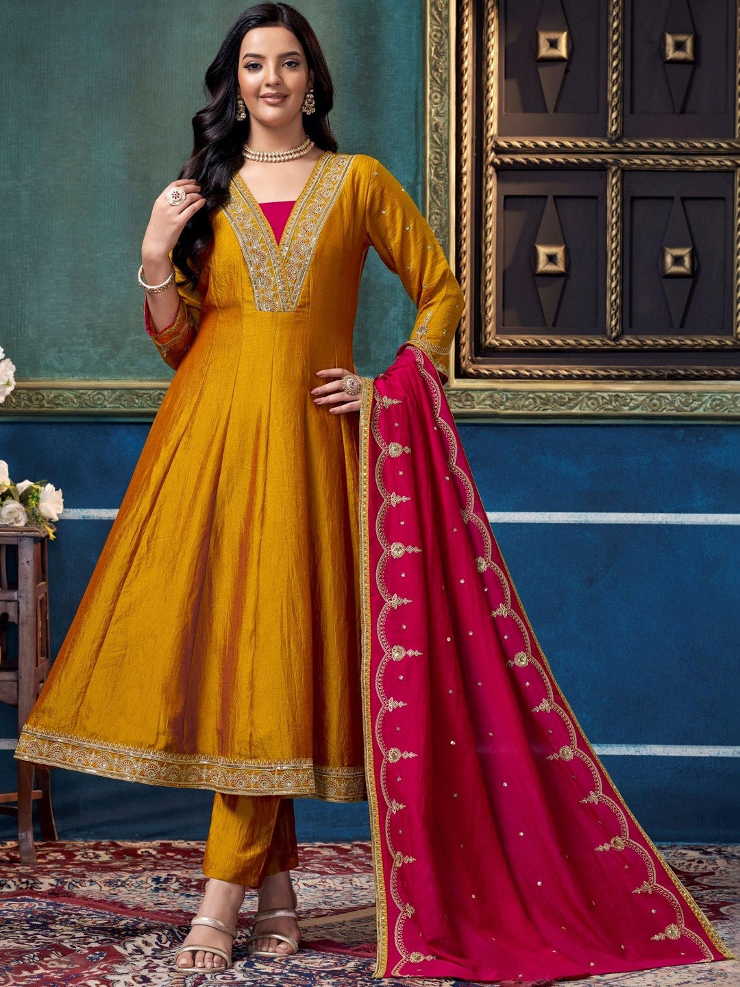 Embroidered V-Neck Kurta Trousers & Dupatta