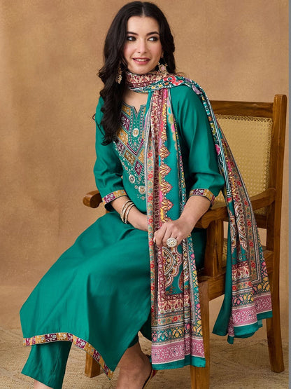 Embroidered Kurta Trousers Printed Dupatta Set