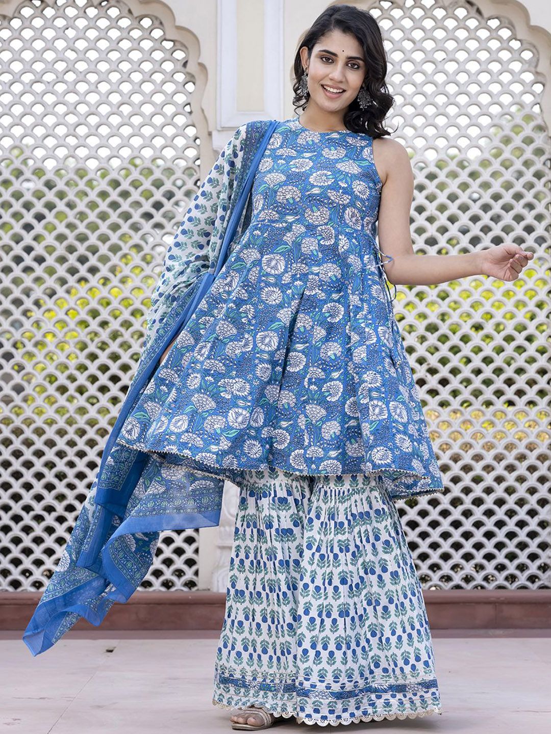 Dhiyona KL Floral Printed Anarkali Pure Cotton Kurta With Palazzos & Dupatta