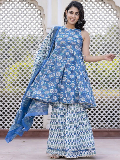 Dhiyona KL Floral Printed Anarkali Pure Cotton Kurta With Palazzos & Dupatta